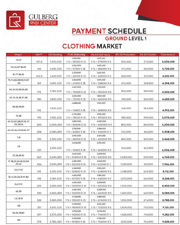 Gulberg Rabi Center Payment Schedule Ground Level-1