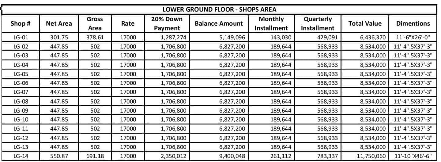 Liberty Tower Lower Ground Shops Floor Payment Plan