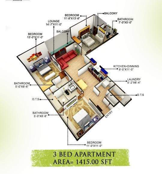 D8 Heights 3 Bed Apartment Layout Plan