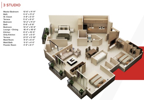 Zameen Ace Mall 3 Bed Apartment Layout