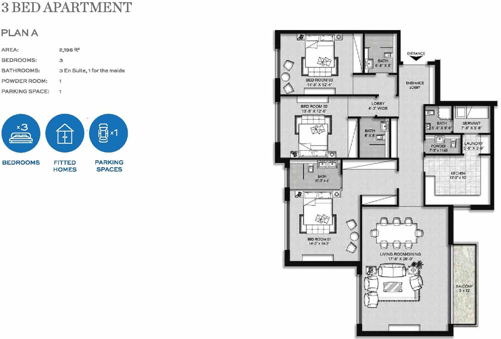 The Heights Eighteen 3 Bed Apartment Layout Plan A