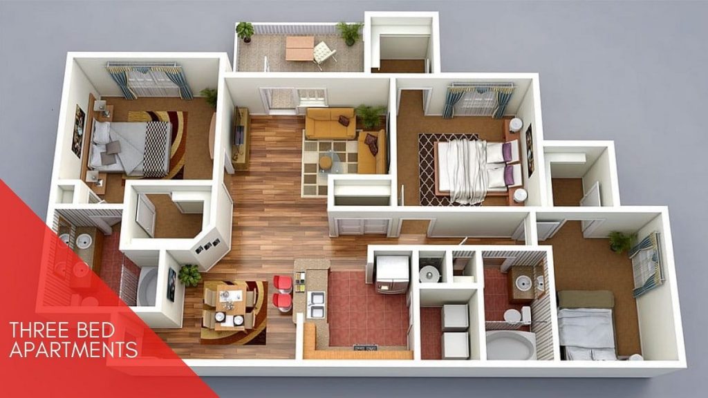 3 bed apartment Shanghai Heights 3d Plan-min